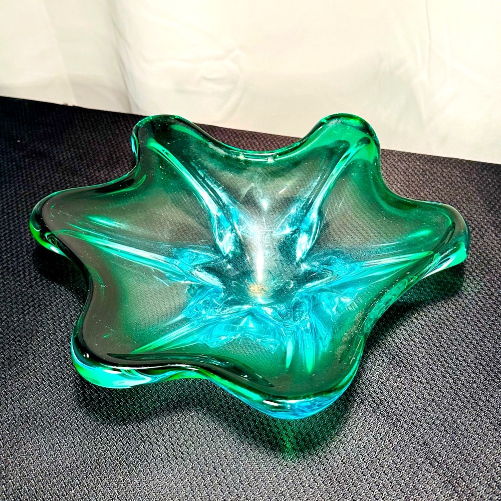 Vintage Murano, MCM, Blooming Flower Star Art Glass, Green And Blue Dish